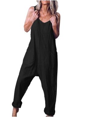 Natural Life Black V Neck Sleeveless Tie Romper Jumpsuit Cuffed Ankle Pockets OS